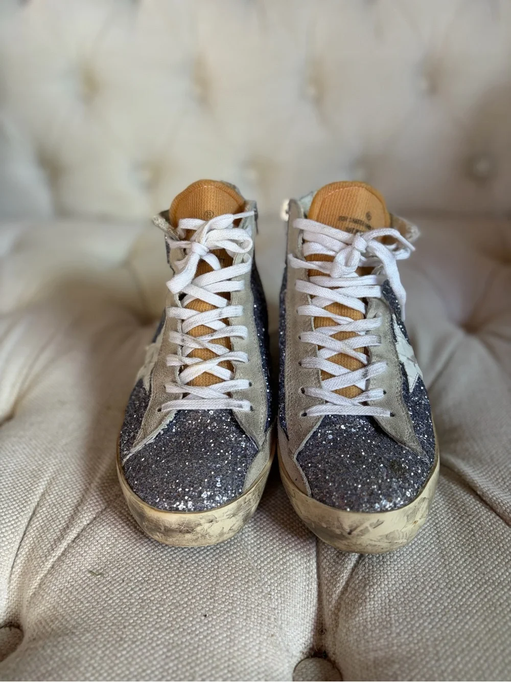 Golden Goose-Style Women's High-Top Glitter Sneakers in Blue Silver